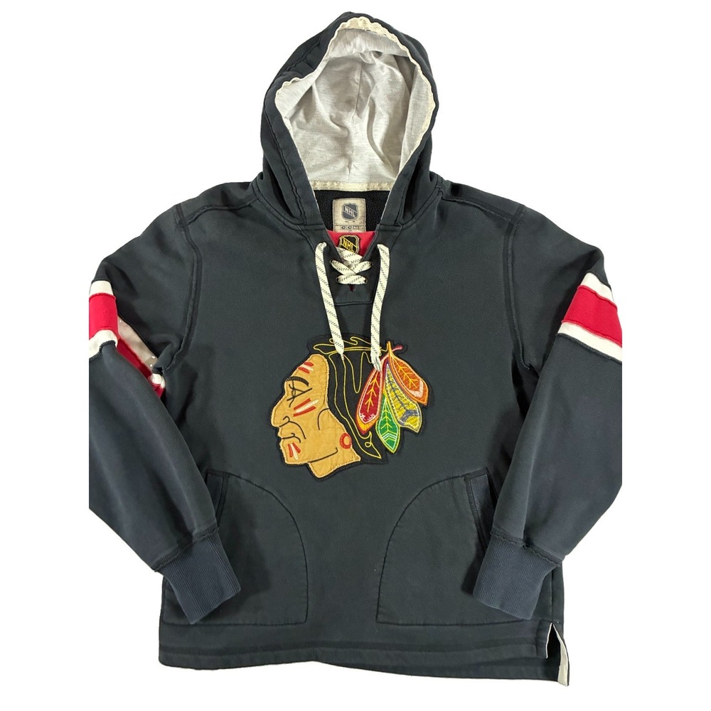 CCM Chicago Blackhawks NHL Lace Up Hoodie. Y2K. Men's Large. Front Logo Patch